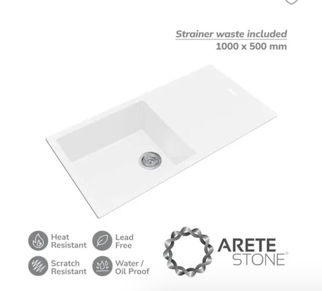 Granite Kitchen Sink 1000 x 500 Single Bowl with Drainer - White Carousel 5