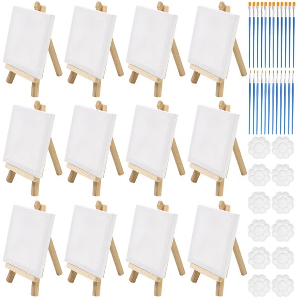 12-Pack Mini Art Kit, 4 x 4 Inch Canvas Boards, with Easels, Flat Brushes, Carousel 1