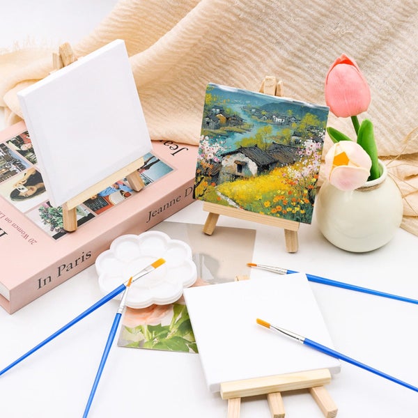12-Pack Mini Art Kit, 4 x 4 Inch Canvas Boards, with Easels, Flat Brushes, Carousel 7