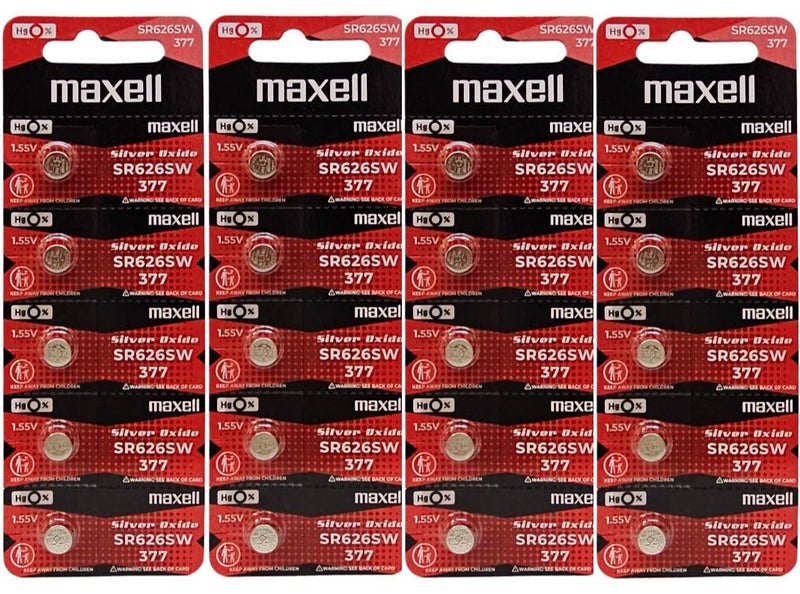 Maxell SR626SW (377) Silver Oxide watch batteries - 20 Pack (B5 x 4) Carousel 1