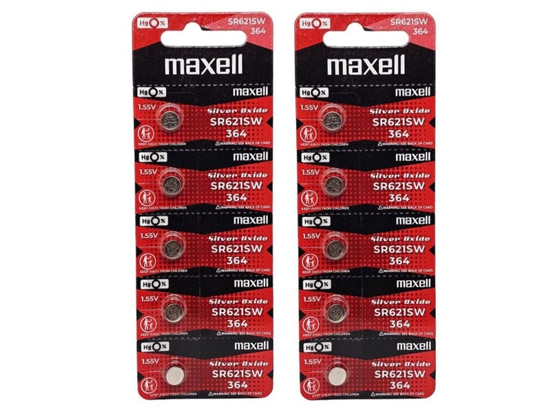 Maxell SR621SW (364) Silver Oxide 1.55V watch battery - 10 Pack (B5 x 2) Carousel 1