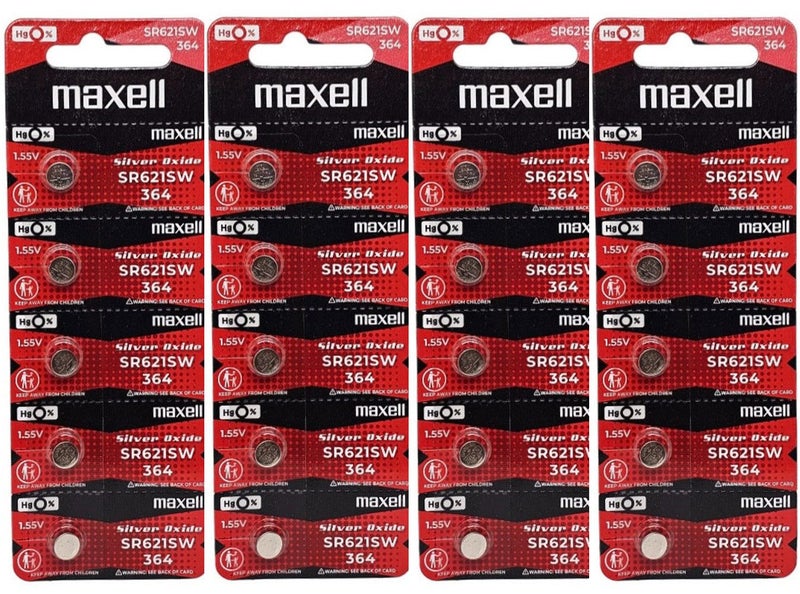 Maxell SR621SW (364) Silver Oxide 1.55V watch battery - 20 Pack (B5 x 4) Carousel 1