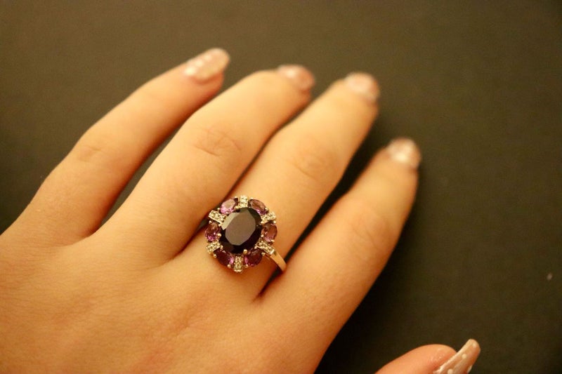 10ct Yellow Gold Amethyst & Diamond Ladies Ring Carousel 1