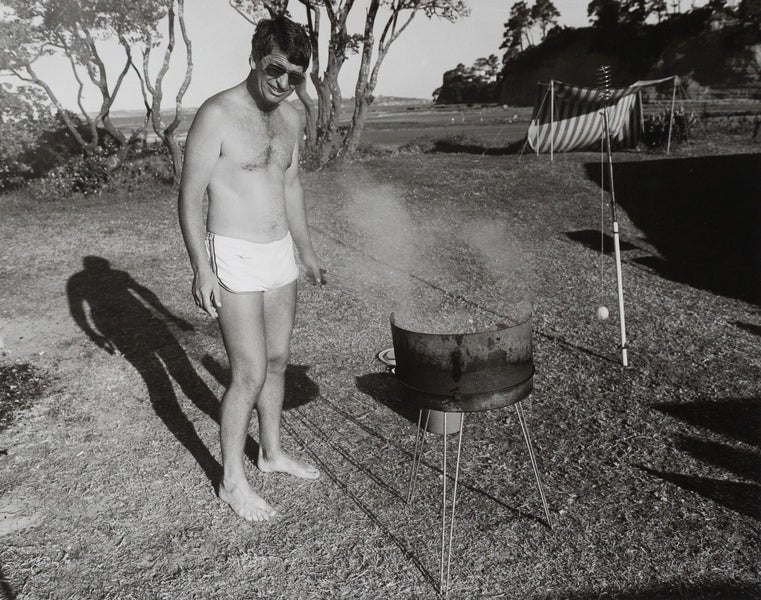 Clive Stone, Man with barbeque and shadow, 1984. PhotoForumNZ fundraiser Carousel 1