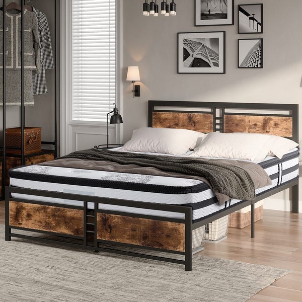 Metal Industrial Queen Bed Frame Spring Mattress Base Set HD 35cm Foam Brown Carousel 1