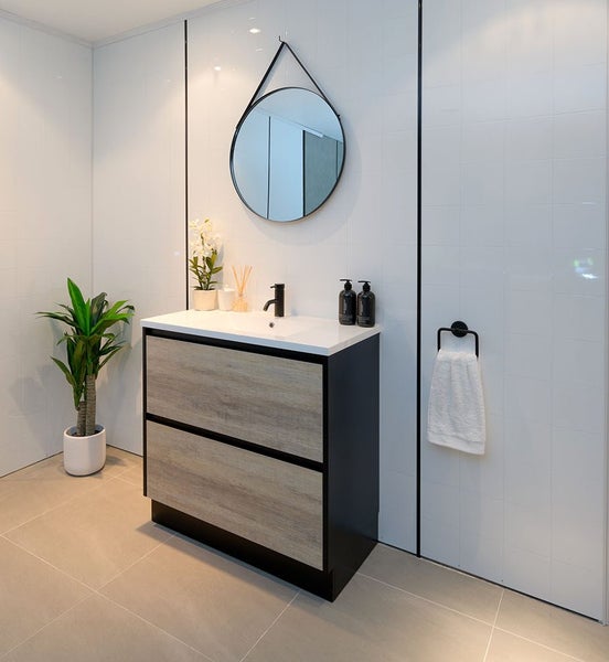 PLYWOOD 900 FLOOR STANDING VANITY BLACK & LIGHT OAK Carousel 1