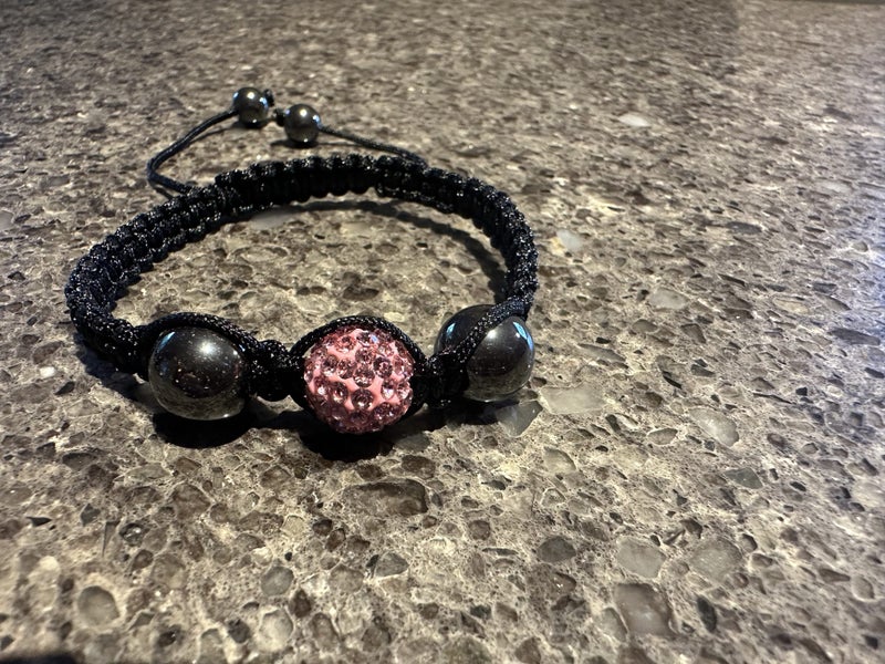 Fashion Alloy Rhinestone Bracelet, Hematite with Nylon Cord, Pink 50mm Carousel 1