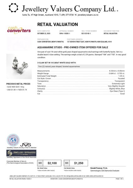 $2,100 18CT WG AQUAMARINE STUDS 1.39CT TDW EARRINGS #B21125142-1 Carousel 2