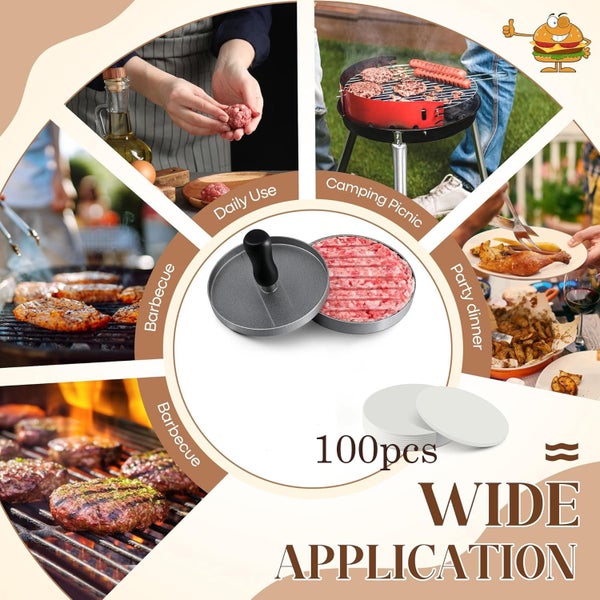 Stainless Steel Non Stick Hamburger Mold Press With 100 Silicone Paper Shee Carousel 8