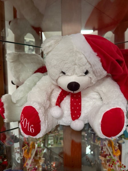 White Plush 2016 Christmas Santa Teddy Bear with Hat and Knitted Scarf Carousel 1