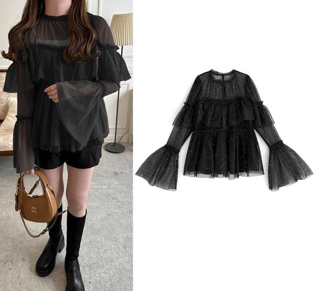 Mesh Ruffle Shirt Blouse Top 3501410 Carousel 1