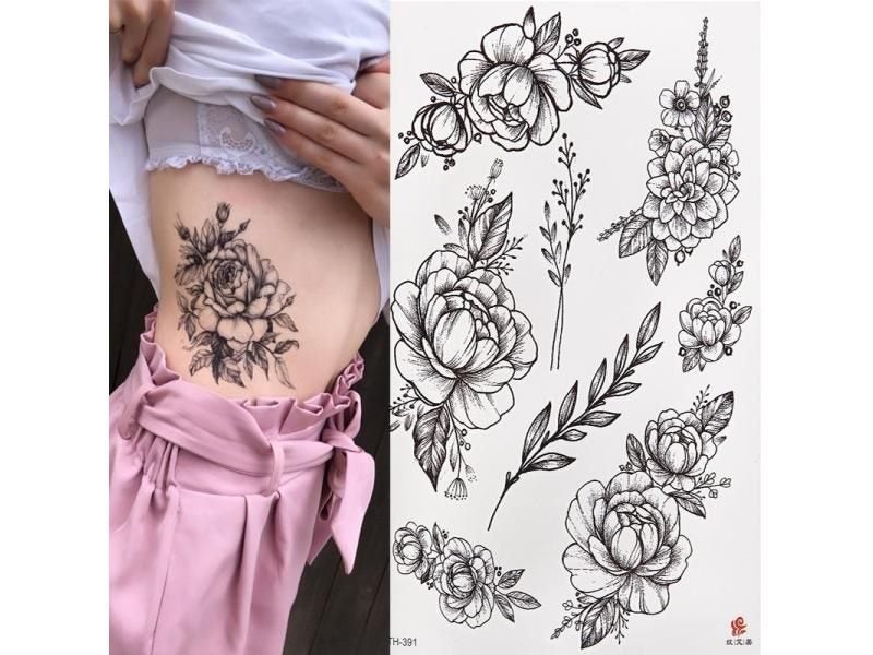Black Roses Flower Pattern Waterproof Temporary Tattoo Sticker 1PC Carousel 2