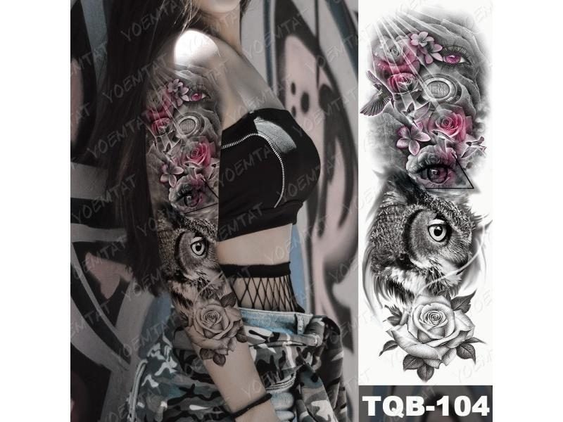 Large Arm Sleeve Tattoo With Rose Cross Dragon Poker Lion Design Waterproof Carousel 1