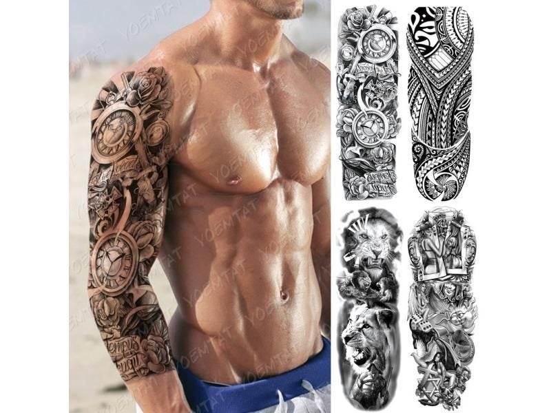 Large Arm Sleeve Tattoo With Rose Cross Dragon Poker Lion Design Waterproof Carousel 2