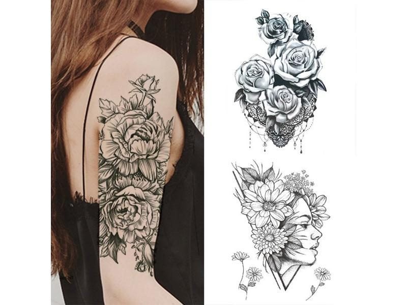 1 PC Fashion Women Girl Temporary Tattoo Sticker Black Roses Design Full Flower Carousel 2