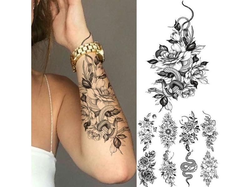 Black Large Snake Flower Temporary Tattoo Sticker For Women DIY Water Transfer Carousel 2