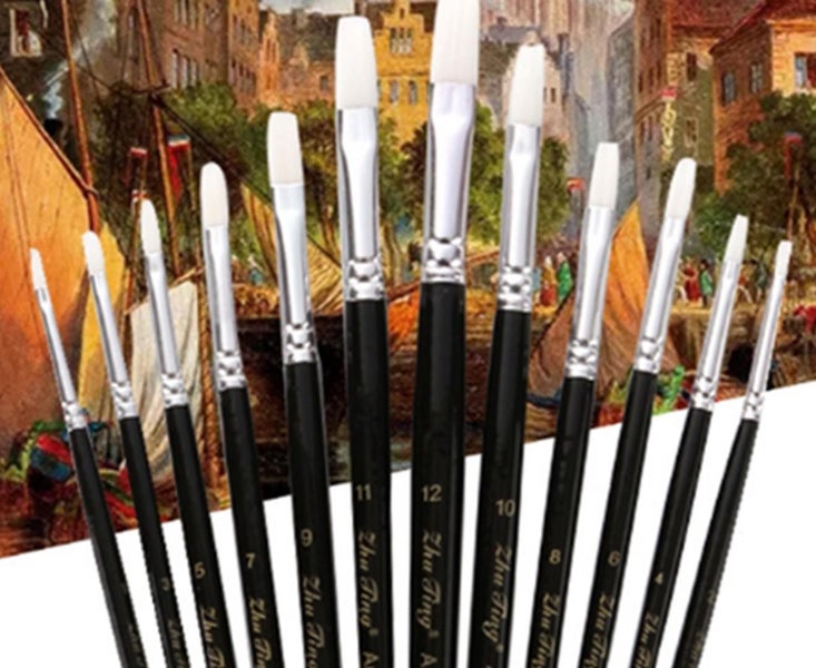 12PCS Wooden Pole Flat Front Watercolor Oil Brush Art Supplies Carousel 3