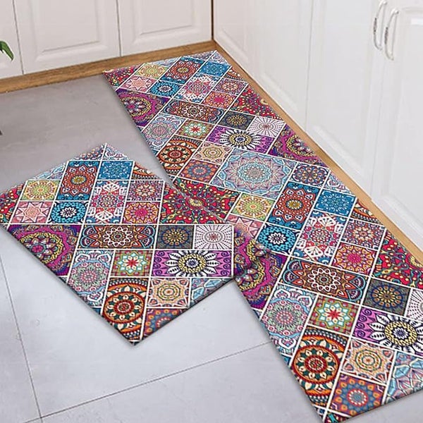 2Pcs Boho Kitchen Rugs - Non-Slip Washable Runners for Sink, Bathroom, Laundry Carousel 1