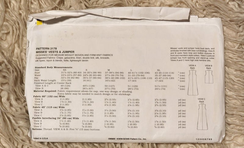 KWIK SEW 3178 - MISSES VESTS & JUMPER - SIZE - XS-S-M-L-XL Carousel 2