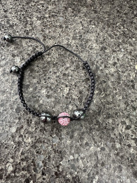 Fashion Alloy Rhinestone Bracelet, Hematite with Nylon Cord, Pink 50mm Carousel 2