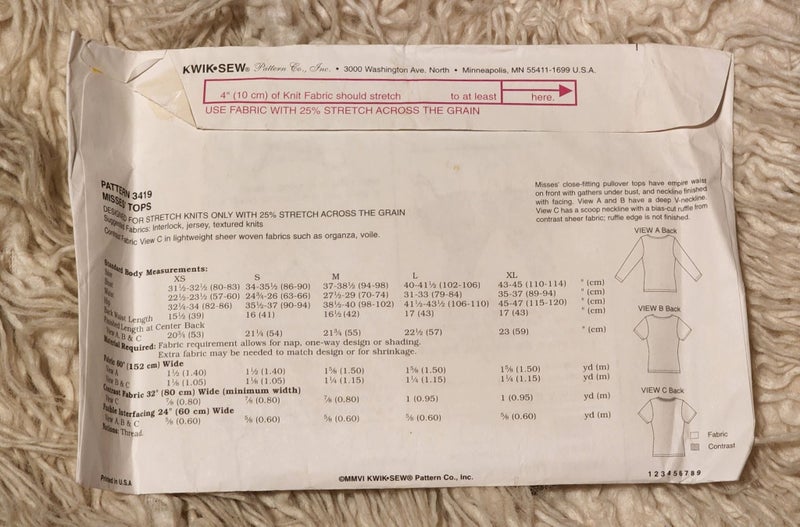 KWIK SEW 3419 - MISSES TOPS - SIZE - XS-S-M-L-XL Carousel 2