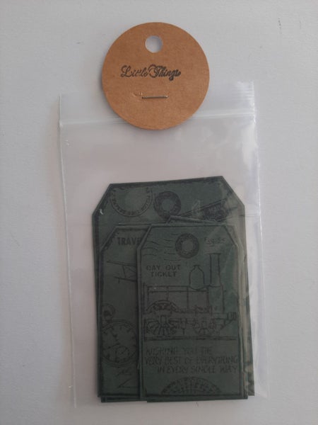 Little Things - Hand Stamped Steampunk Tags - Repurposed Green Card - 8 Pieces Carousel 1