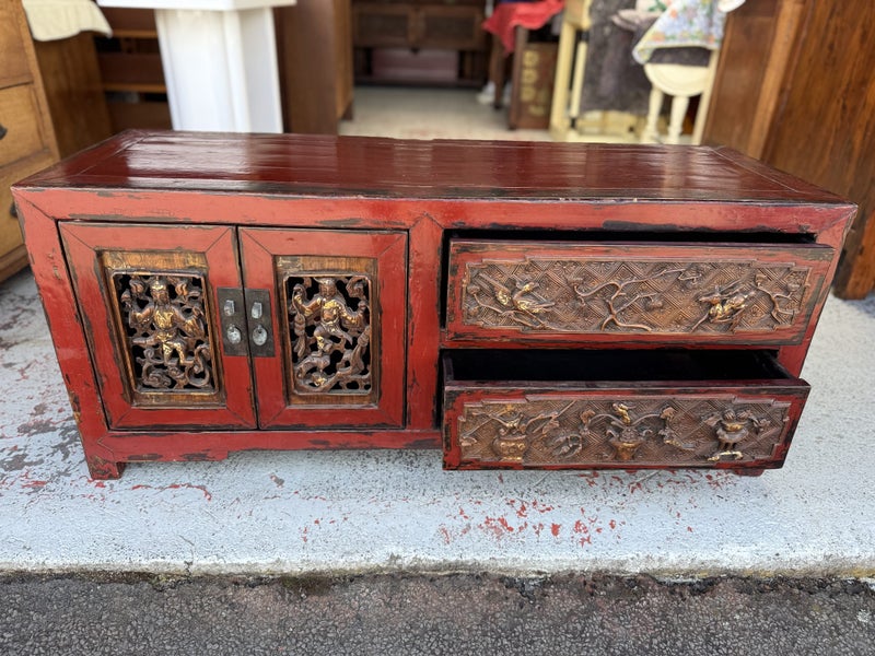 A Quality Solid Elm Carved Chinese Lacquered Low Cabinet Carousel 2