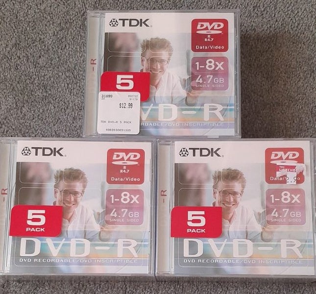 3 x 5-pack TDK DVD-R discs with plastic cases (new/sealed) Carousel 1
