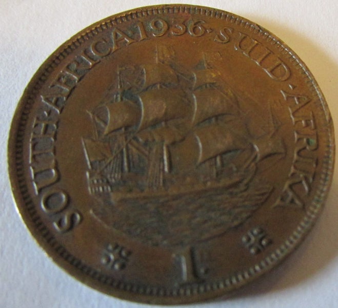 1936 South Africa 1 Penny - George V Bronze Sailing Ship Dromedaris Suid Afrika Carousel 1