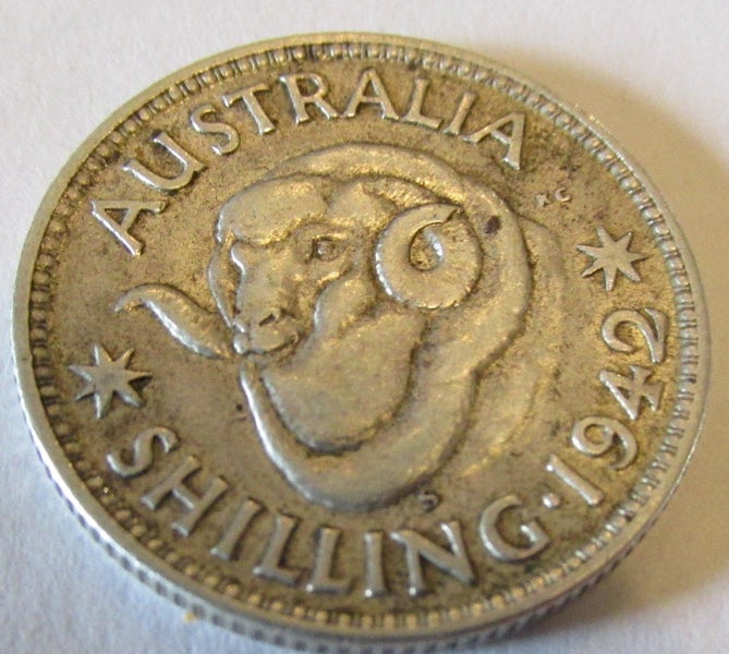1942 Australian Sterling Silver Shilling Ram Head Reverse Design King George VI Carousel 1