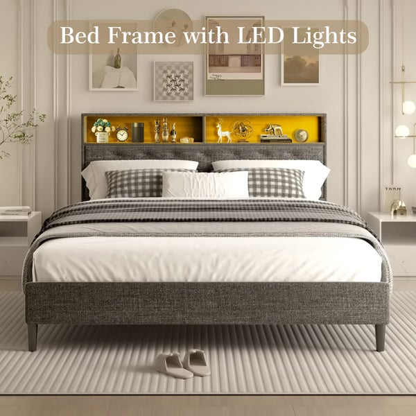 LED Bed Frame with Storage Headboard Queen Size Platform Mattress Base Wooden Carousel 1