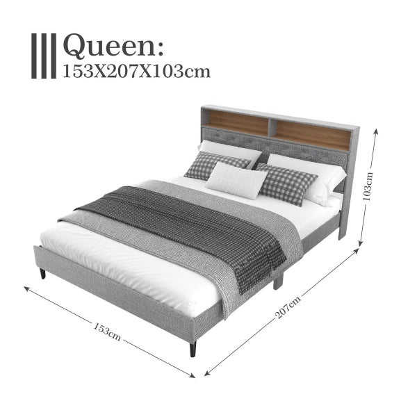 LED Bed Frame with Storage Headboard Queen Size Platform Mattress Base Wooden Carousel 2
