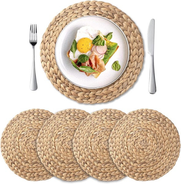 4Pcs Round Woven Placemats, Water Hyacinth Place Mats, Braided Straw Table Mats Carousel 1