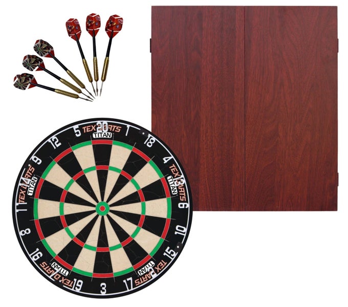 Tex Darts Titan Tournament Dart Board + Formula Mahogany Cabinet + Darts Set Carousel 1