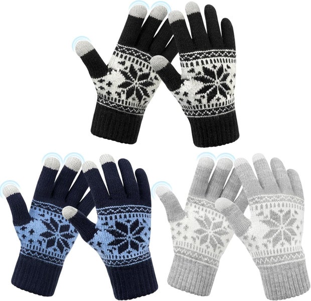 3 Pairs Touch Screen Gloves with Snow Flower Pattern, Warm Knit Winter Glov Carousel 1