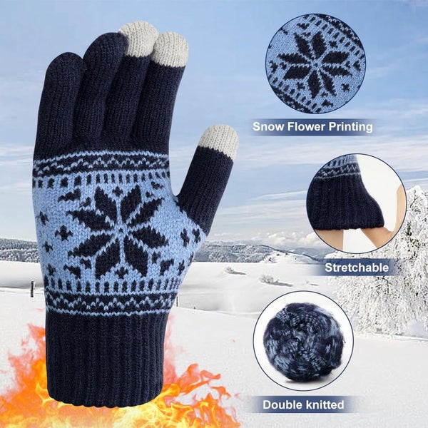 3 Pairs Touch Screen Gloves with Snow Flower Pattern, Warm Knit Winter Glov Carousel 2