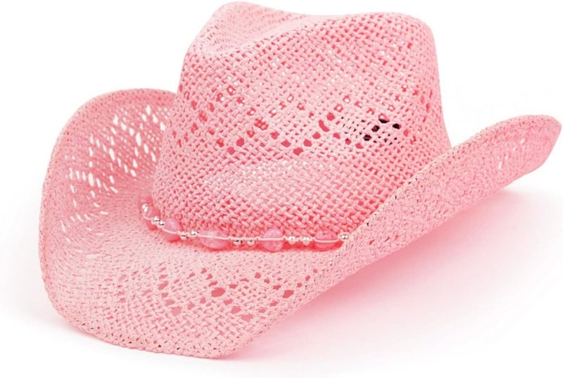 Straw Pink Cowgirl Hat for Women, Shapeable, Spring and Summer Pink Cowboy Carousel 1