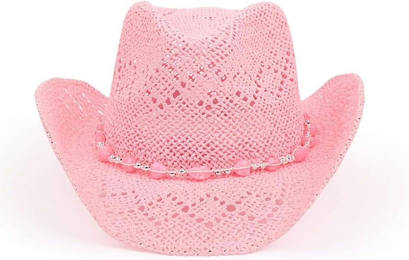 Straw Pink Cowgirl Hat for Women, Shapeable, Spring and Summer Pink Cowboy Carousel 2