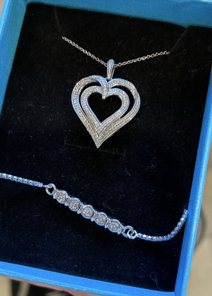 MHJ Sterling Silver Diamond Necklace and Bracelet Set Carousel 1