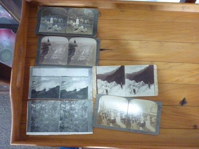 STEREOSCOPE VINTAGE c1900 + 6 STEREO CARDS ( SOME NZ) Carousel 6