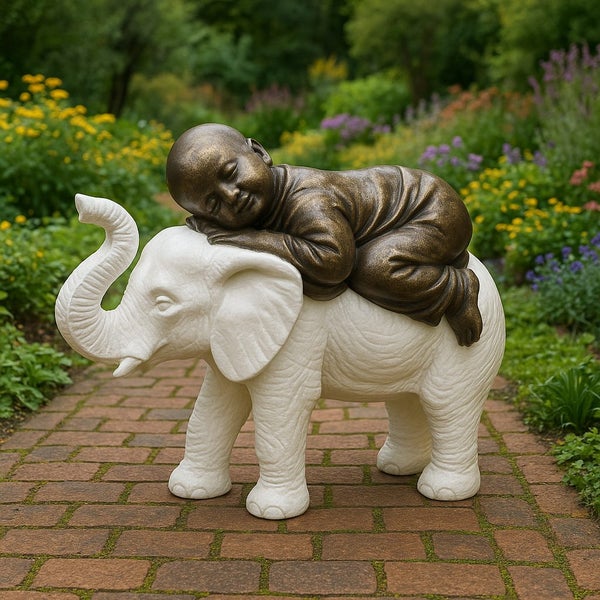 Elephant & Baby Statue - Water Feature - Fiber Cement - White & Gold Finish Carousel 1