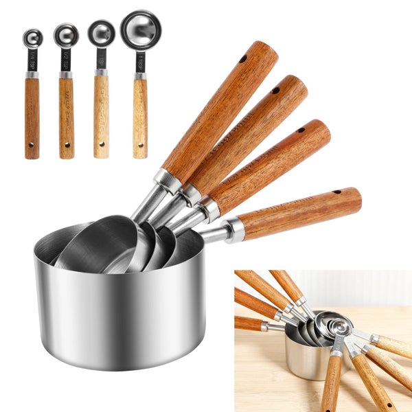 8Pcs Measuring Cups and Spoons Set Stainless Steel Measuring Set with Wood Carousel 1