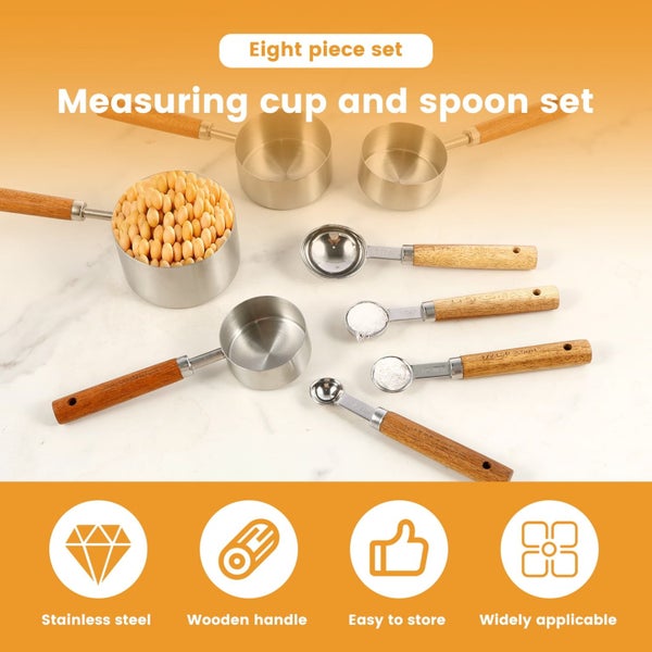 8Pcs Measuring Cups and Spoons Set Stainless Steel Measuring Set with Wood Carousel 2