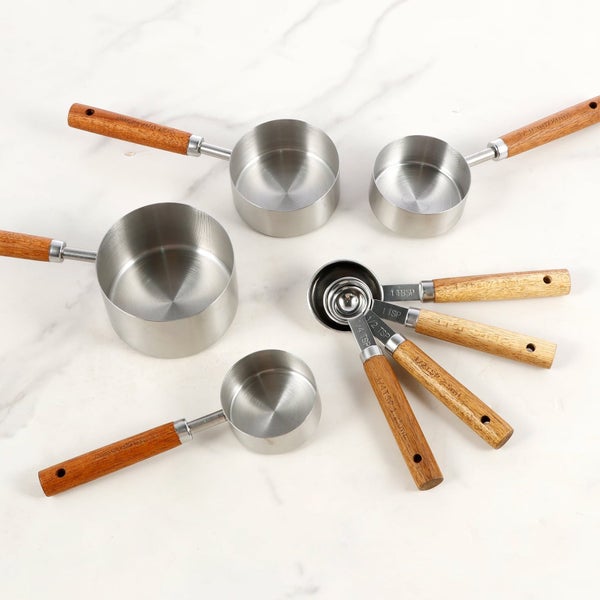 8Pcs Measuring Cups and Spoons Set Stainless Steel Measuring Set with Wood Carousel 8
