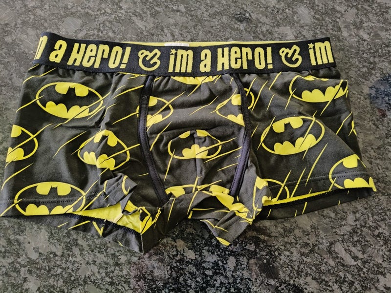 New Mens "Im a Hero" pair of underwear boxers in Black and Yellow. Carousel 1