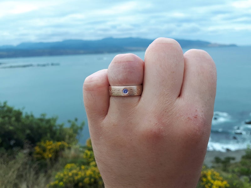 9ct Rose Gold Wedding band with Tanzanite stone and beautiful engraving Carousel 1