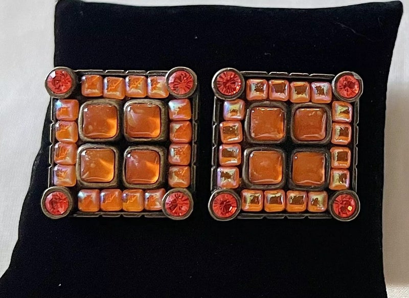1980s Vintage Square Orange Cabochons Designer Clip Earrings by REMY DIS PARIS Carousel 2