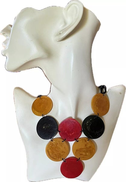 1940s Vintage Dark Green, Honey Amber & Red Tested BAKELITE Discs Necklace, 58cm Carousel 1