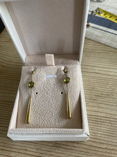 9ct gold and peridot deco style drop earrings Carousel 1