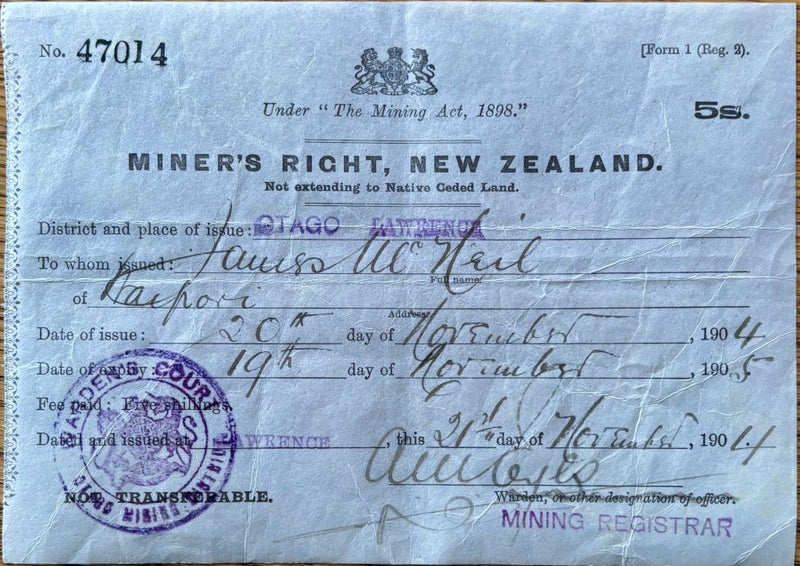 Historical Miners Right - Waipori, Lawrence Otago - 1904 Gold Mining64651597546881110